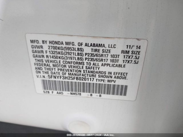 Photo 8 VIN: 5FNYF3H25FB020117 - HONDA PILOT 