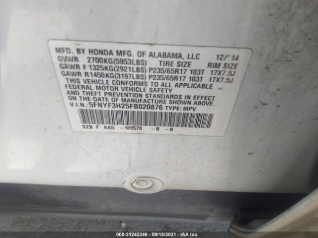 Photo 8 VIN: 5FNYF3H25FB020876 - HONDA PILOT 