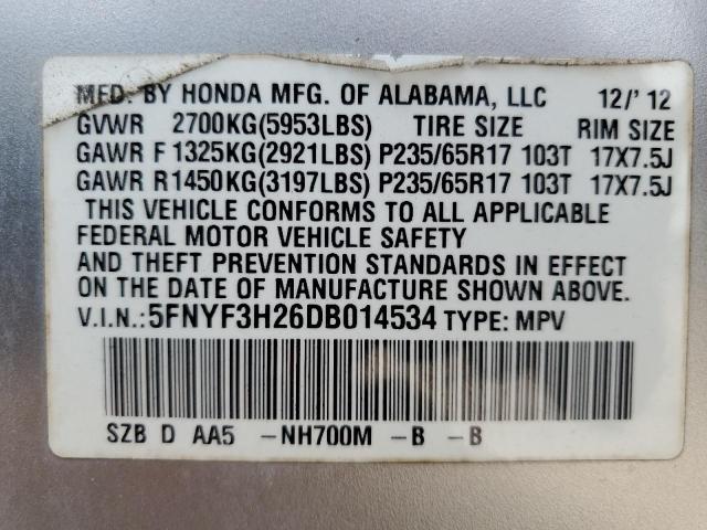 Photo 12 VIN: 5FNYF3H26DB014534 - HONDA PILOT LX 