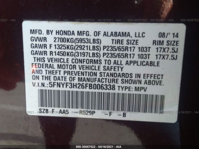 Photo 8 VIN: 5FNYF3H26FB006338 - HONDA PILOT 