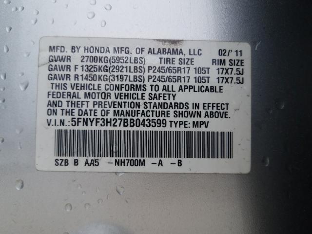 Photo 9 VIN: 5FNYF3H27BB043599 - HONDA PILOT LX 