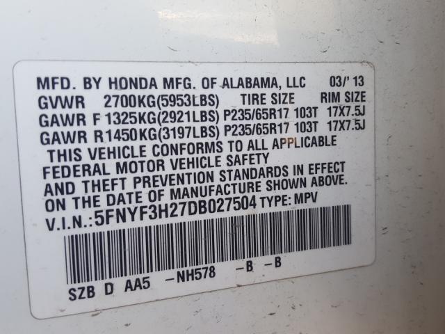 Photo 9 VIN: 5FNYF3H27DB027504 - HONDA PILOT LX 