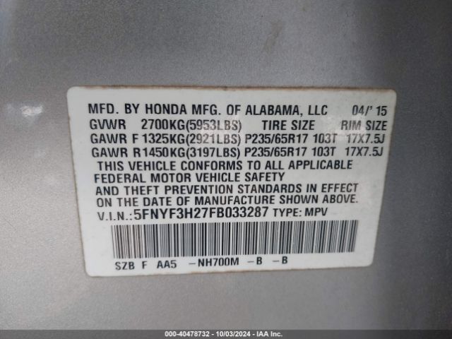 Photo 8 VIN: 5FNYF3H27FB033287 - HONDA PILOT 