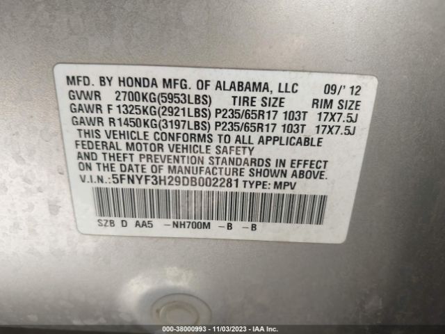 Photo 8 VIN: 5FNYF3H29DB002281 - HONDA PILOT 