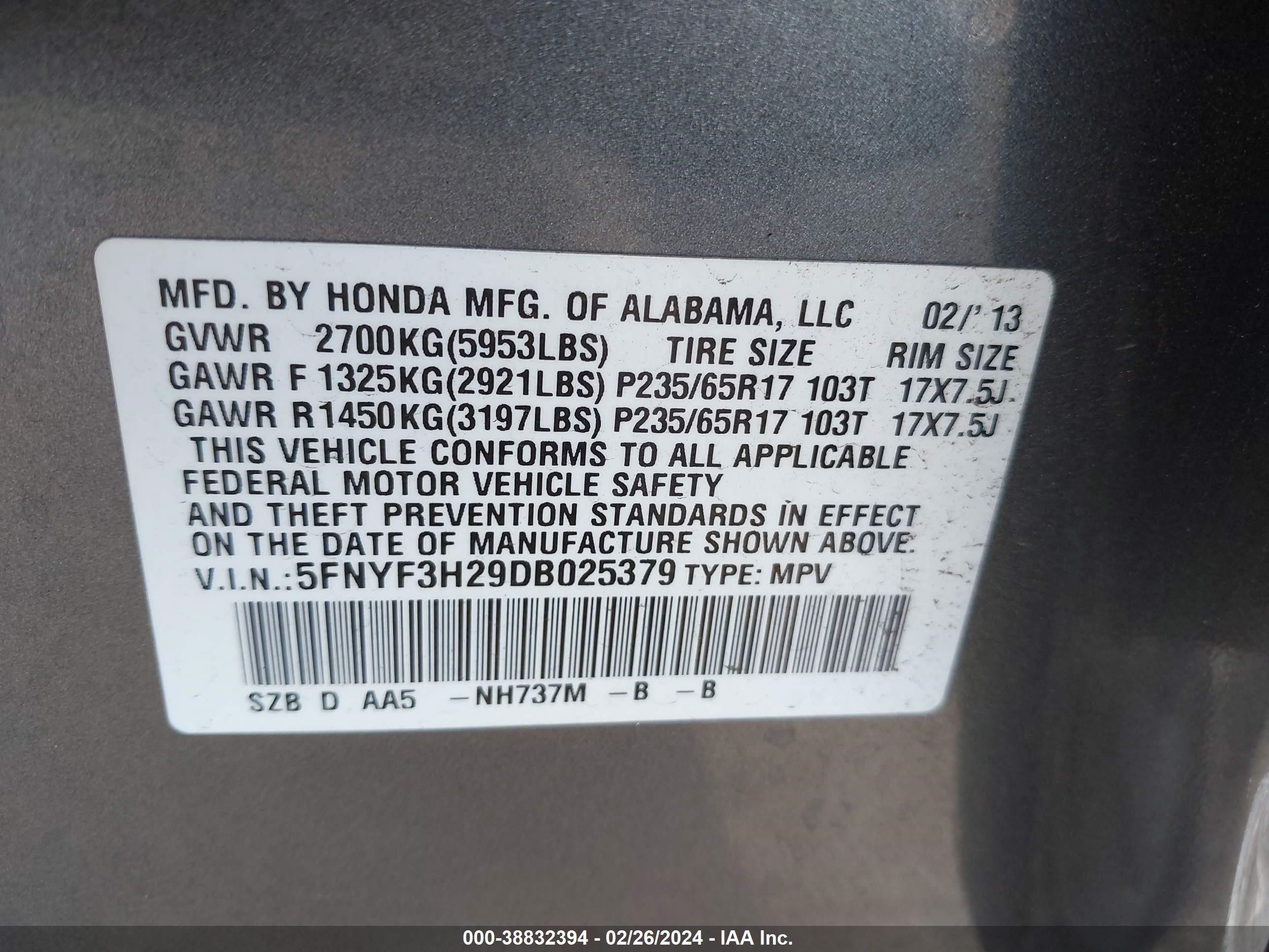 Photo 8 VIN: 5FNYF3H29DB025379 - HONDA PILOT 