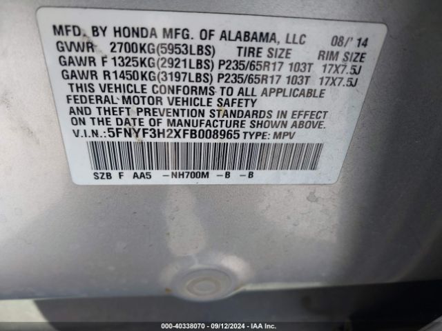 Photo 8 VIN: 5FNYF3H2XFB008965 - HONDA PILOT 