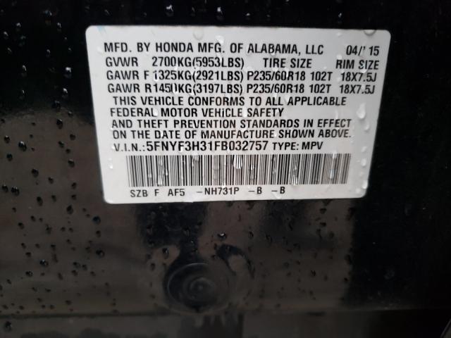 Photo 9 VIN: 5FNYF3H31FB032757 - HONDA PILOT SE 