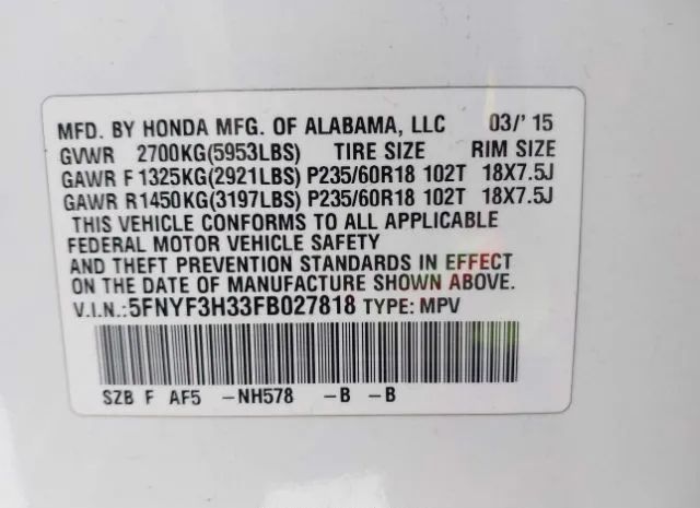 Photo 8 VIN: 5FNYF3H33FB027818 - HONDA PILOT 