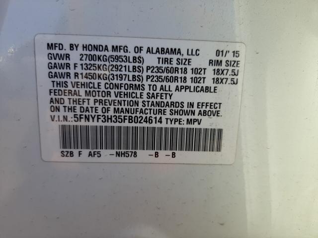 Photo 9 VIN: 5FNYF3H35FB024614 - HONDA PILOT SE 