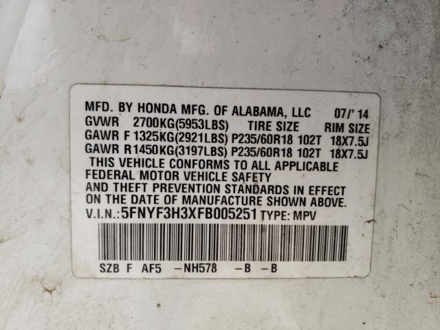 Photo 9 VIN: 5FNYF3H3XFB005251 - HONDA PILOT SE 