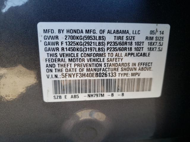 Photo 9 VIN: 5FNYF3H40EB026133 - HONDA PILOT EX 