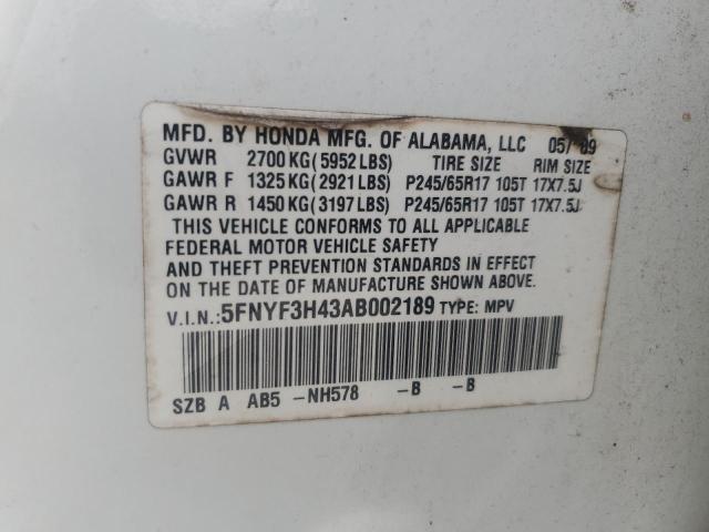 Photo 12 VIN: 5FNYF3H43AB002189 - HONDA PILOT EX 