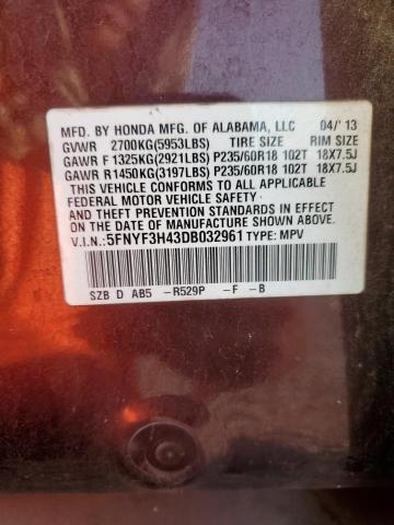 Photo 12 VIN: 5FNYF3H43DB032961 - HONDA PILOT EX 