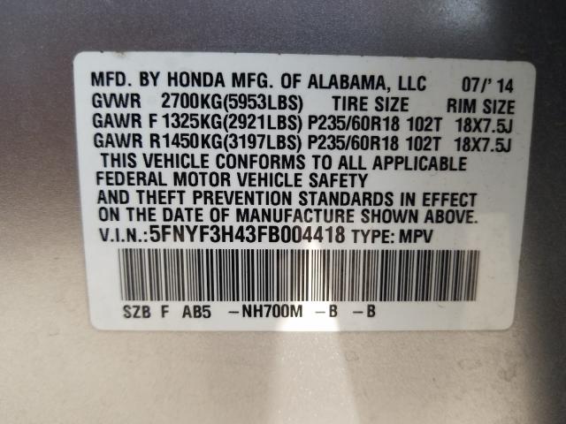 Photo 9 VIN: 5FNYF3H43FB004418 - HONDA PILOT EX 