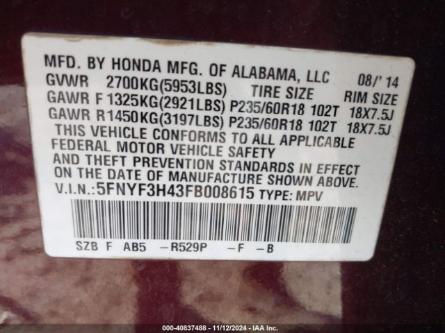 Photo 8 VIN: 5FNYF3H43FB008615 - HONDA PILOT 