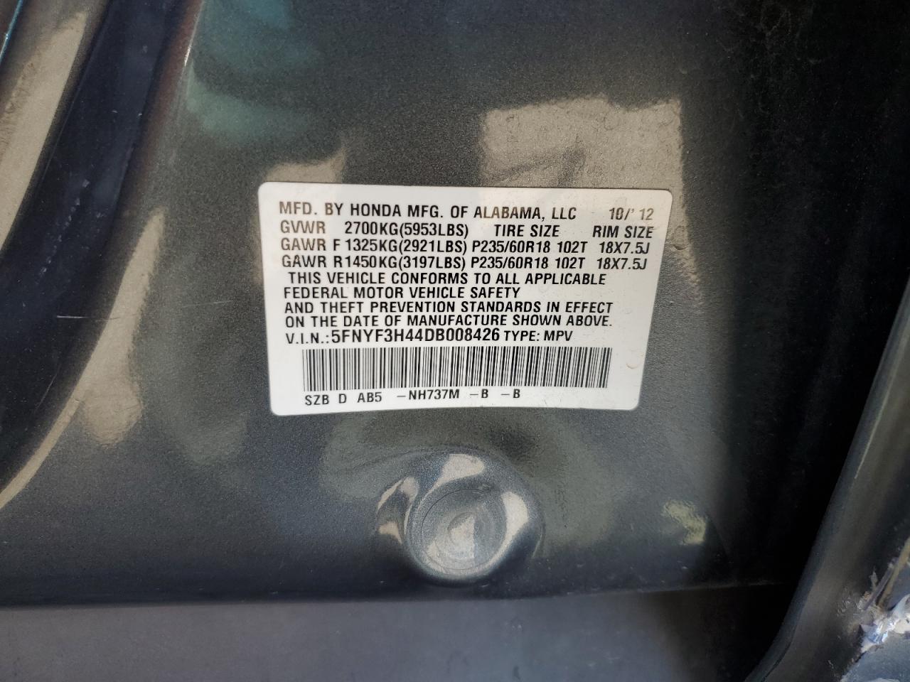 Photo 11 VIN: 5FNYF3H44DB008426 - HONDA PILOT 