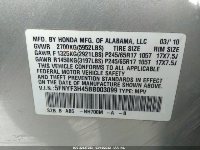 Photo 8 VIN: 5FNYF3H45BB003099 - HONDA PILOT 