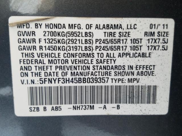 Photo 9 VIN: 5FNYF3H45BB039357 - HONDA PILOT EX 