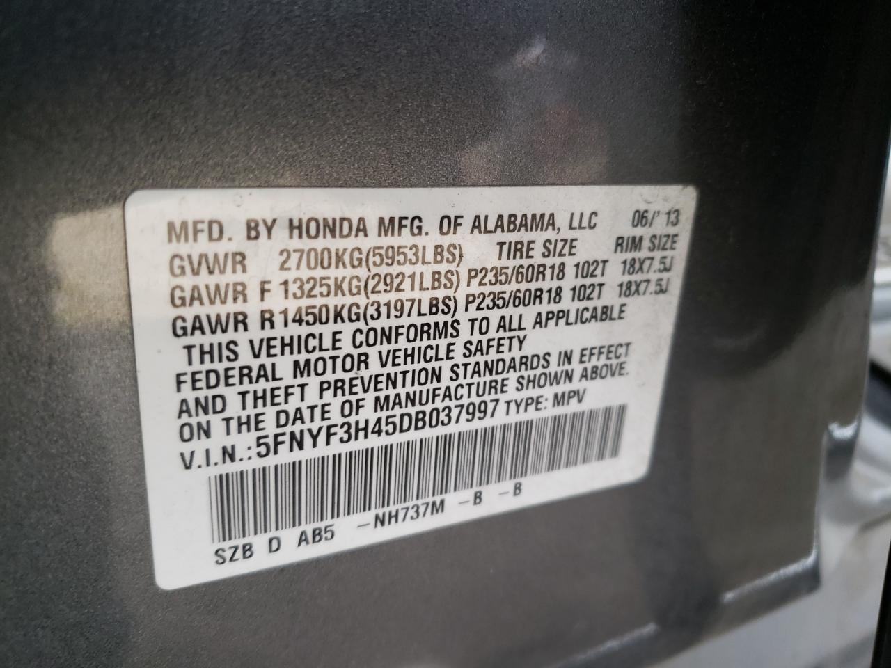 Photo 12 VIN: 5FNYF3H45DB037997 - HONDA PILOT 