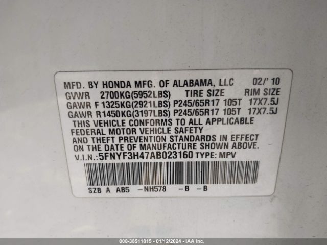 Photo 8 VIN: 5FNYF3H47AB023160 - HONDA PILOT 