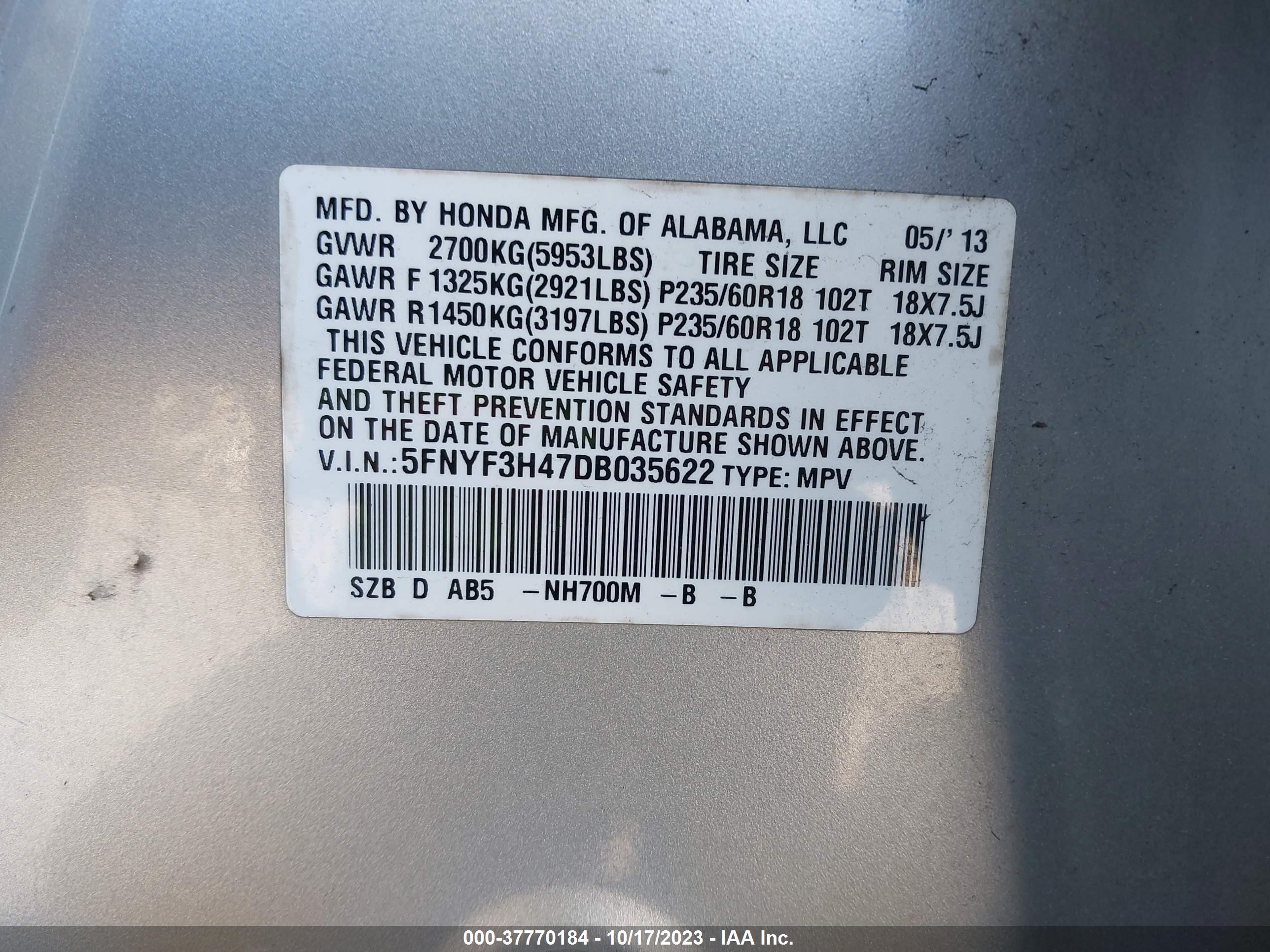 Photo 8 VIN: 5FNYF3H47DB035622 - HONDA PILOT 