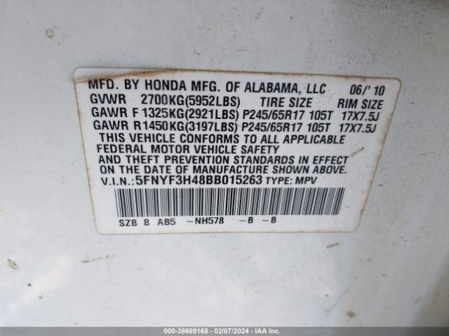 Photo 8 VIN: 5FNYF3H48BB015263 - HONDA PILOT 