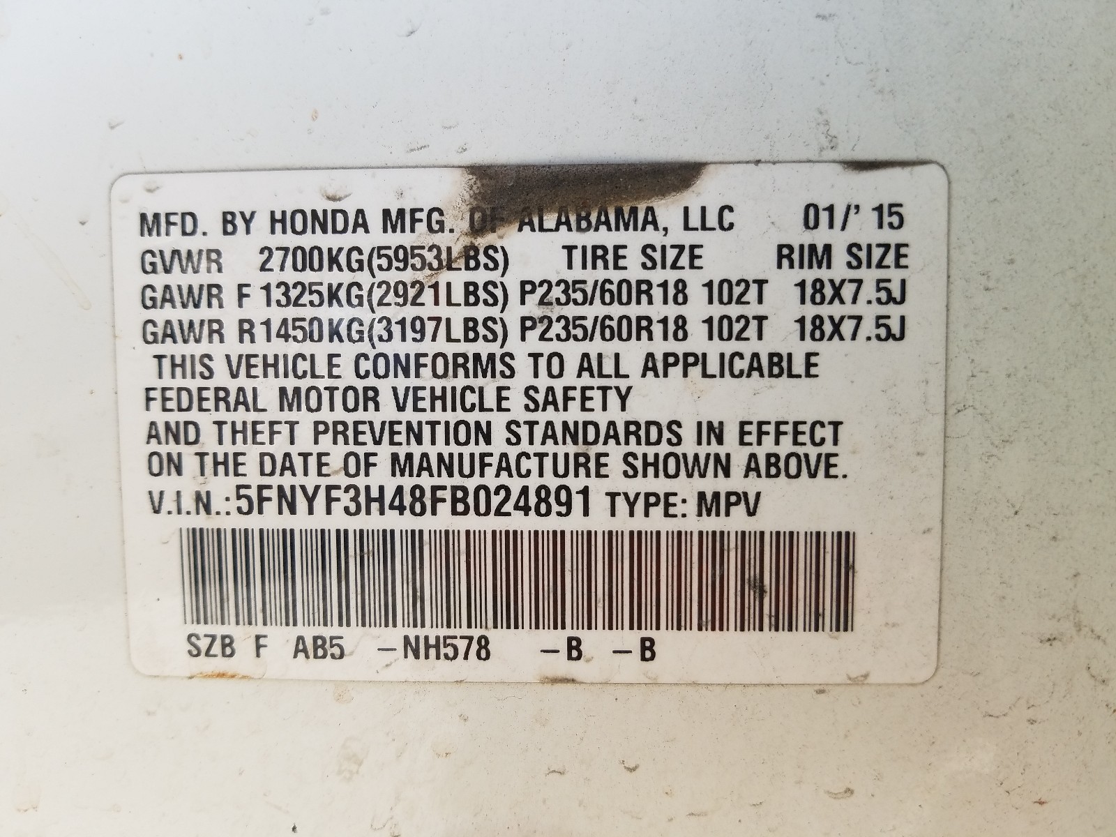 Photo 9 VIN: 5FNYF3H48FB024891 - HONDA PILOT EX 