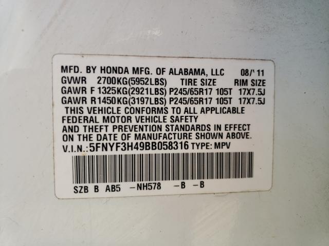 Photo 9 VIN: 5FNYF3H49BB058316 - HONDA PILOT EX 