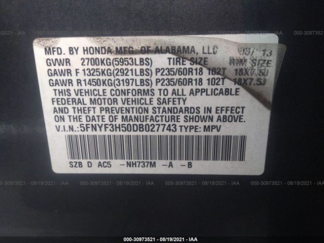 Photo 8 VIN: 5FNYF3H50DB027743 - HONDA PILOT 