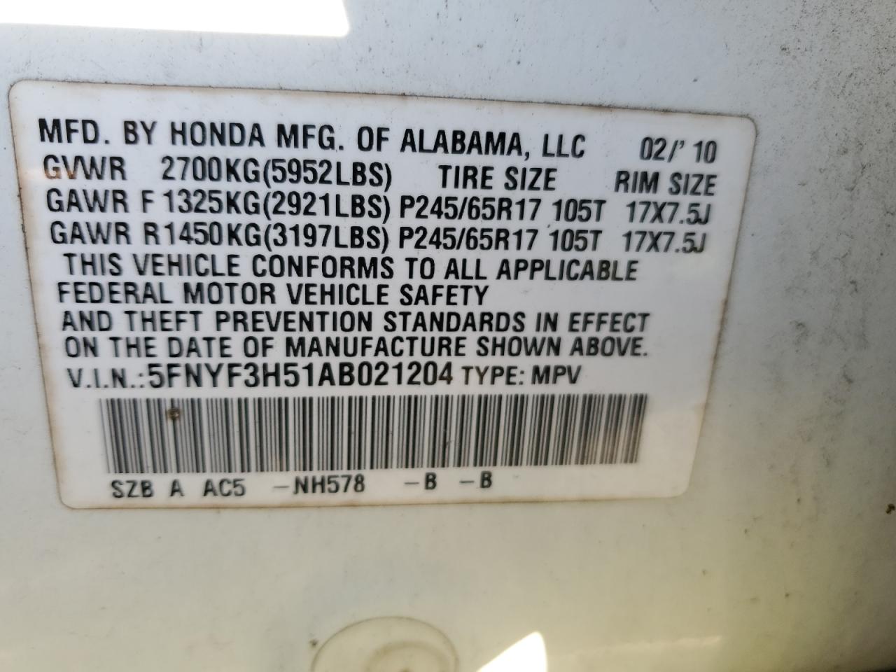 Photo 13 VIN: 5FNYF3H51AB021204 - HONDA PILOT 