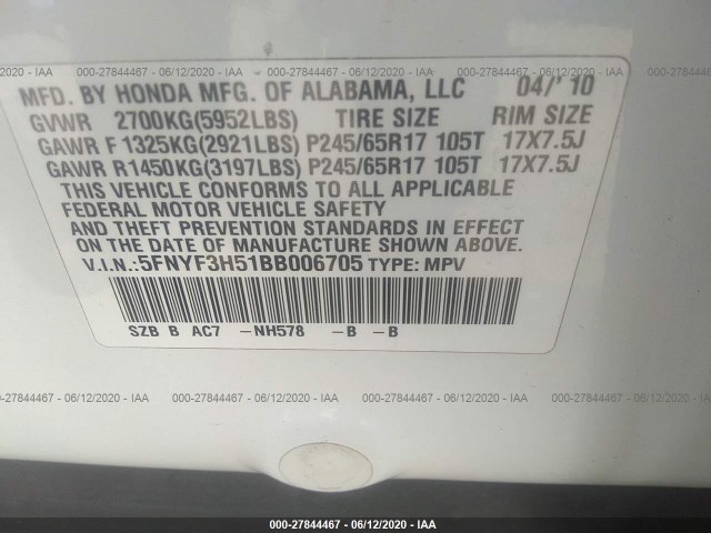 Photo 8 VIN: 5FNYF3H51BB006705 - HONDA PILOT 