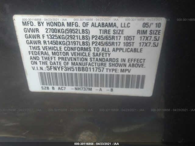 Photo 8 VIN: 5FNYF3H51BB011757 - HONDA PILOT 