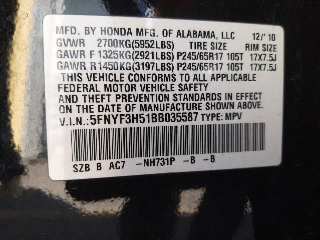 Photo 9 VIN: 5FNYF3H51BB035587 - HONDA PILOT EXL 