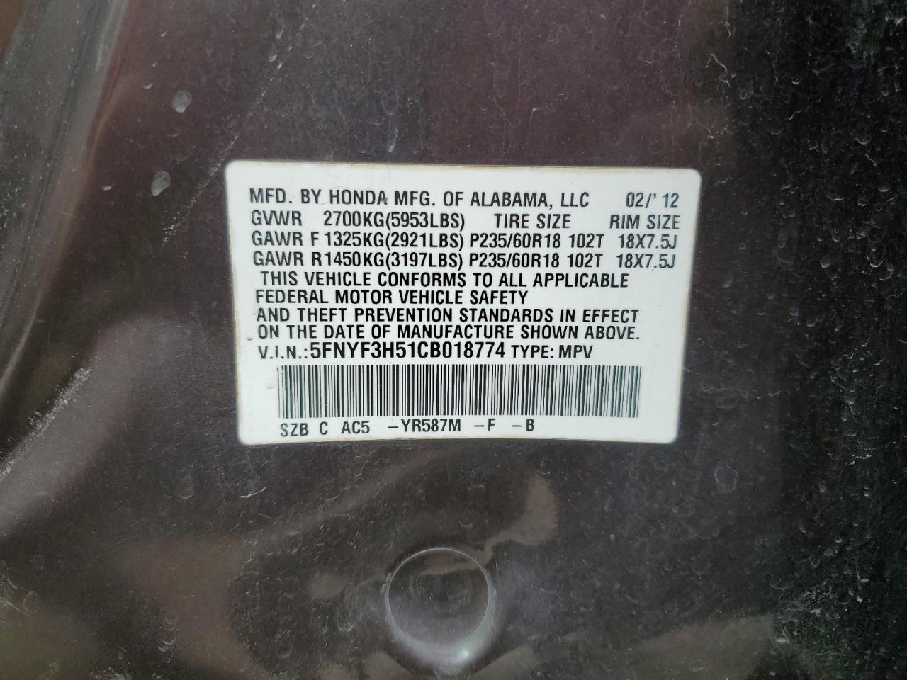 Photo 12 VIN: 5FNYF3H51CB018774 - HONDA PILOT 