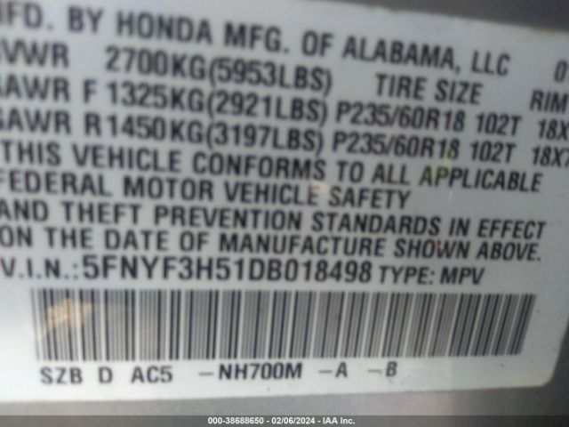 Photo 8 VIN: 5FNYF3H51DB018498 - HONDA PILOT 