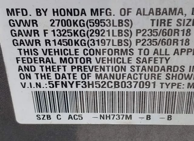 Photo 8 VIN: 5FNYF3H52CB037091 - HONDA PILOT 