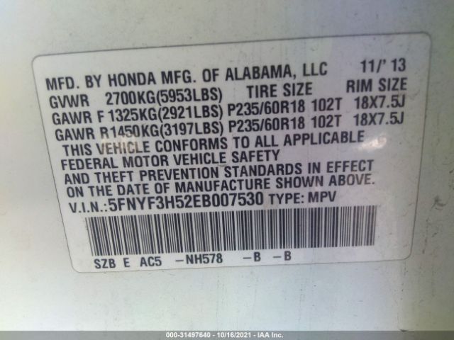 Photo 8 VIN: 5FNYF3H52EB007530 - HONDA PILOT 