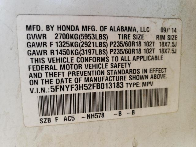 Photo 9 VIN: 5FNYF3H52FB013183 - HONDA PILOT EXL 