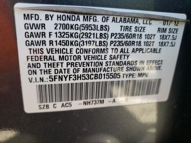 Photo 9 VIN: 5FNYF3H53CB015505 - HONDA PILOT EXL 