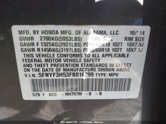 Photo 8 VIN: 5FNYF3H53FB016299 - HONDA PILOT 