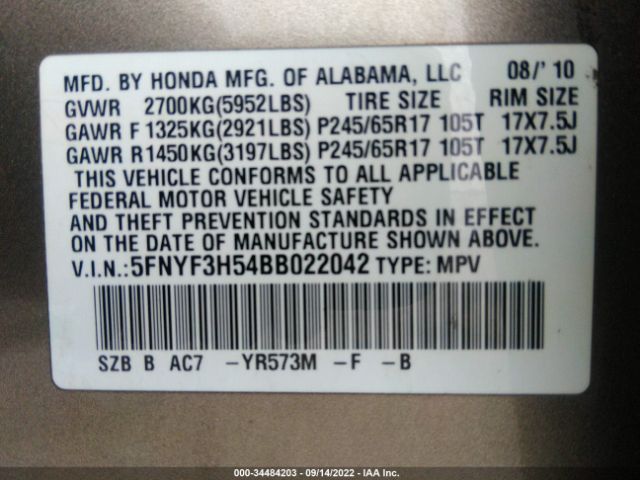 Photo 8 VIN: 5FNYF3H54BB022042 - HONDA PILOT 