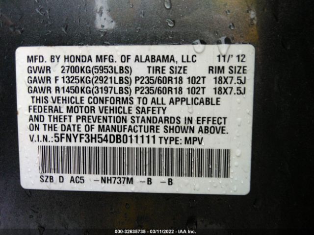 Photo 8 VIN: 5FNYF3H54DB011111 - HONDA PILOT 