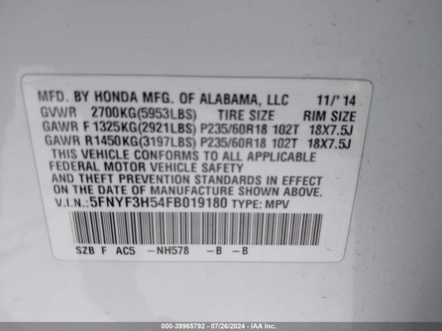 Photo 8 VIN: 5FNYF3H54FB019180 - HONDA PILOT 