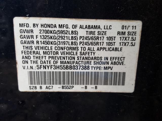 Photo 9 VIN: 5FNYF3H55BB037388 - HONDA PILOT EXL 