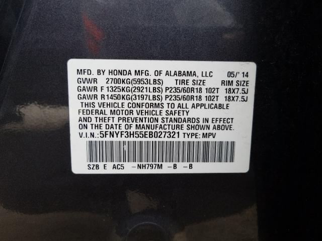 Photo 9 VIN: 5FNYF3H55EB027321 - HONDA PILOT EXL 