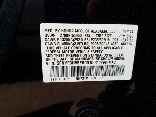 Photo 9 VIN: 5FNYF3H55FB001092 - HONDA PILOT EXL 