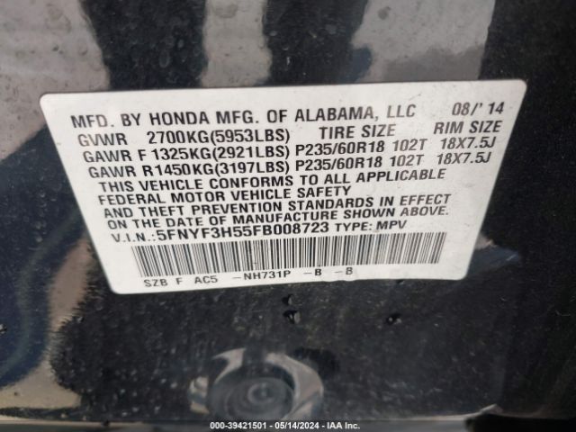 Photo 8 VIN: 5FNYF3H55FB008723 - HONDA PILOT 