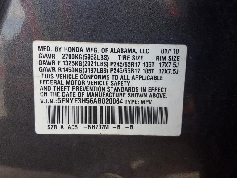 Photo 9 VIN: 5FNYF3H56AB020064 - HONDA PILOT EXL 