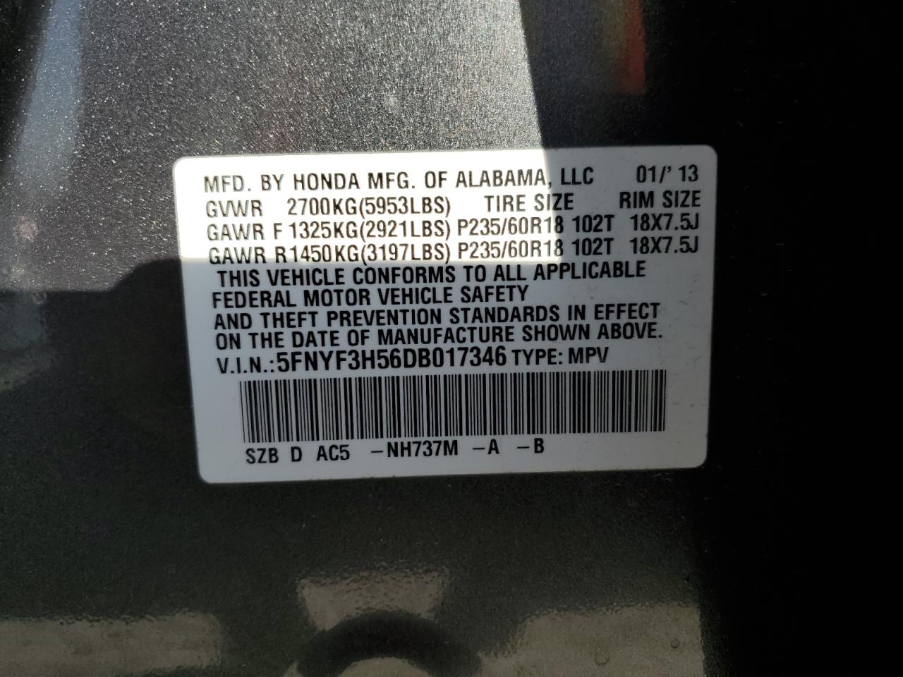 Photo 13 VIN: 5FNYF3H56DB017346 - HONDA PILOT 