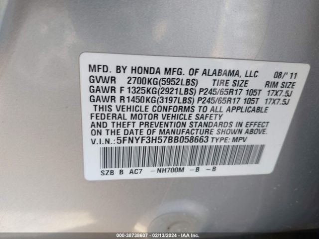 Photo 8 VIN: 5FNYF3H57BB058663 - HONDA PILOT 